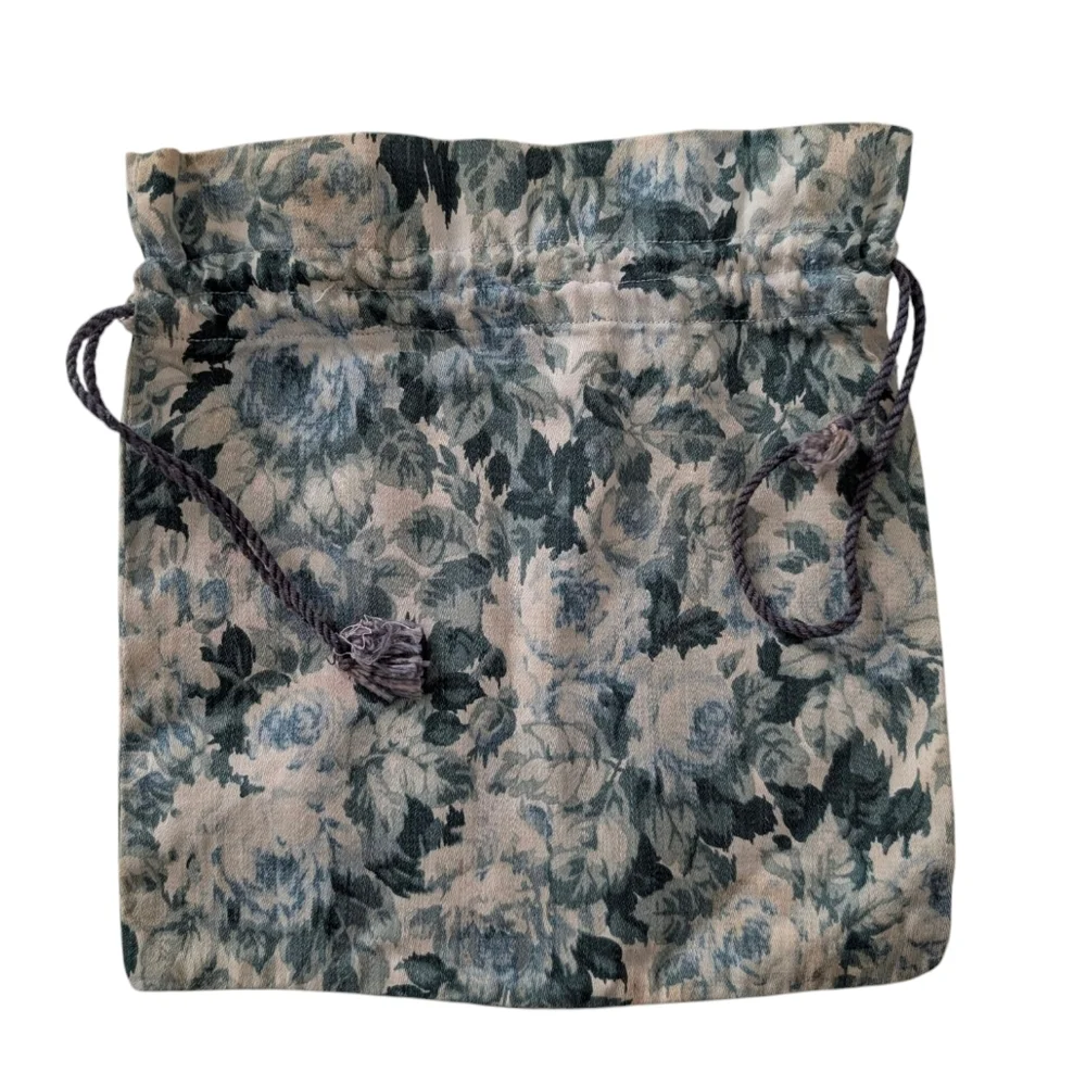 VINTAGE Floral Fabric Drawstring Bag Makeup Jewelry Blue Green 1940 9x9